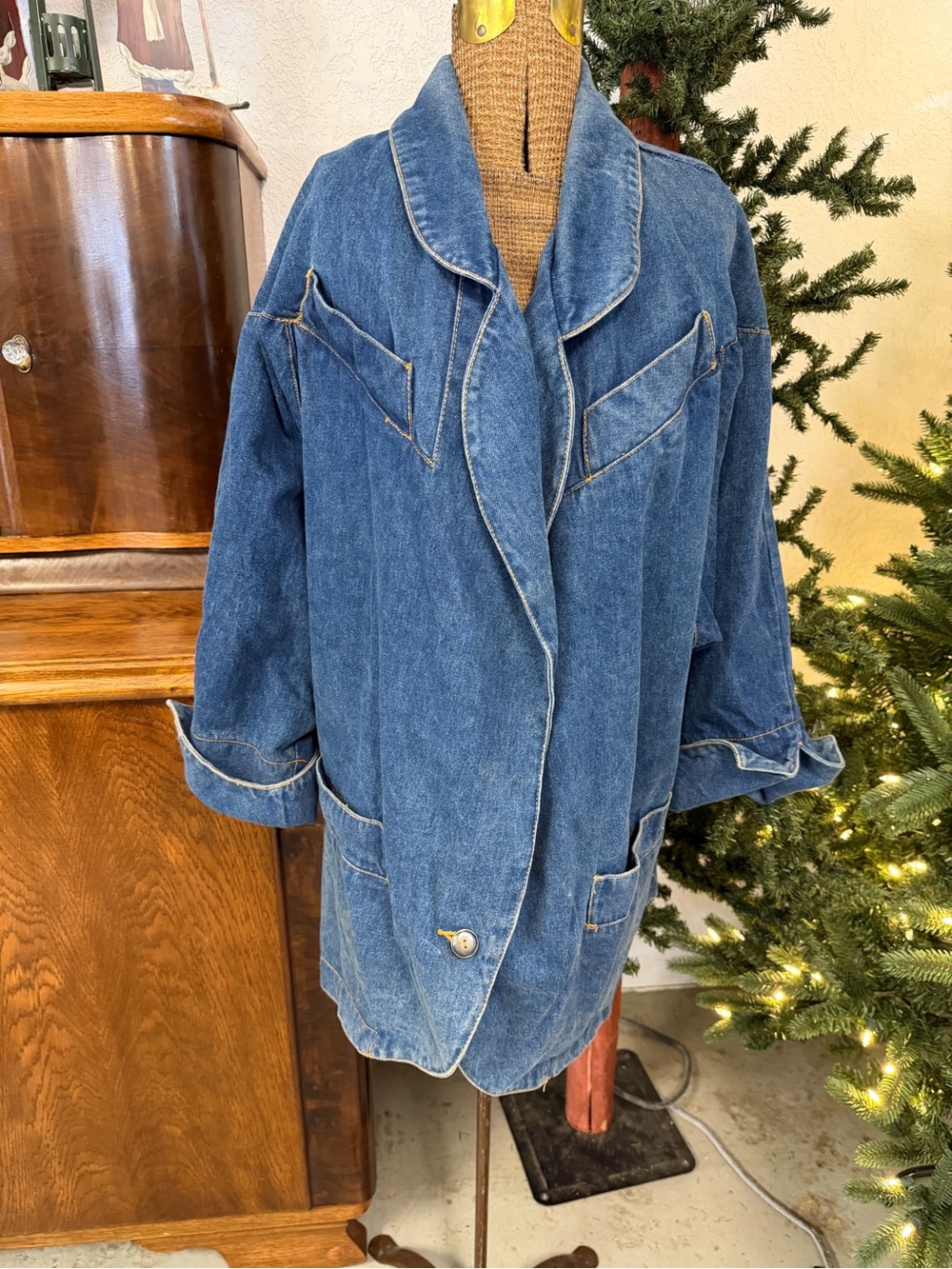 Women's Blue Denim Shawl-Collar Jean Jacket